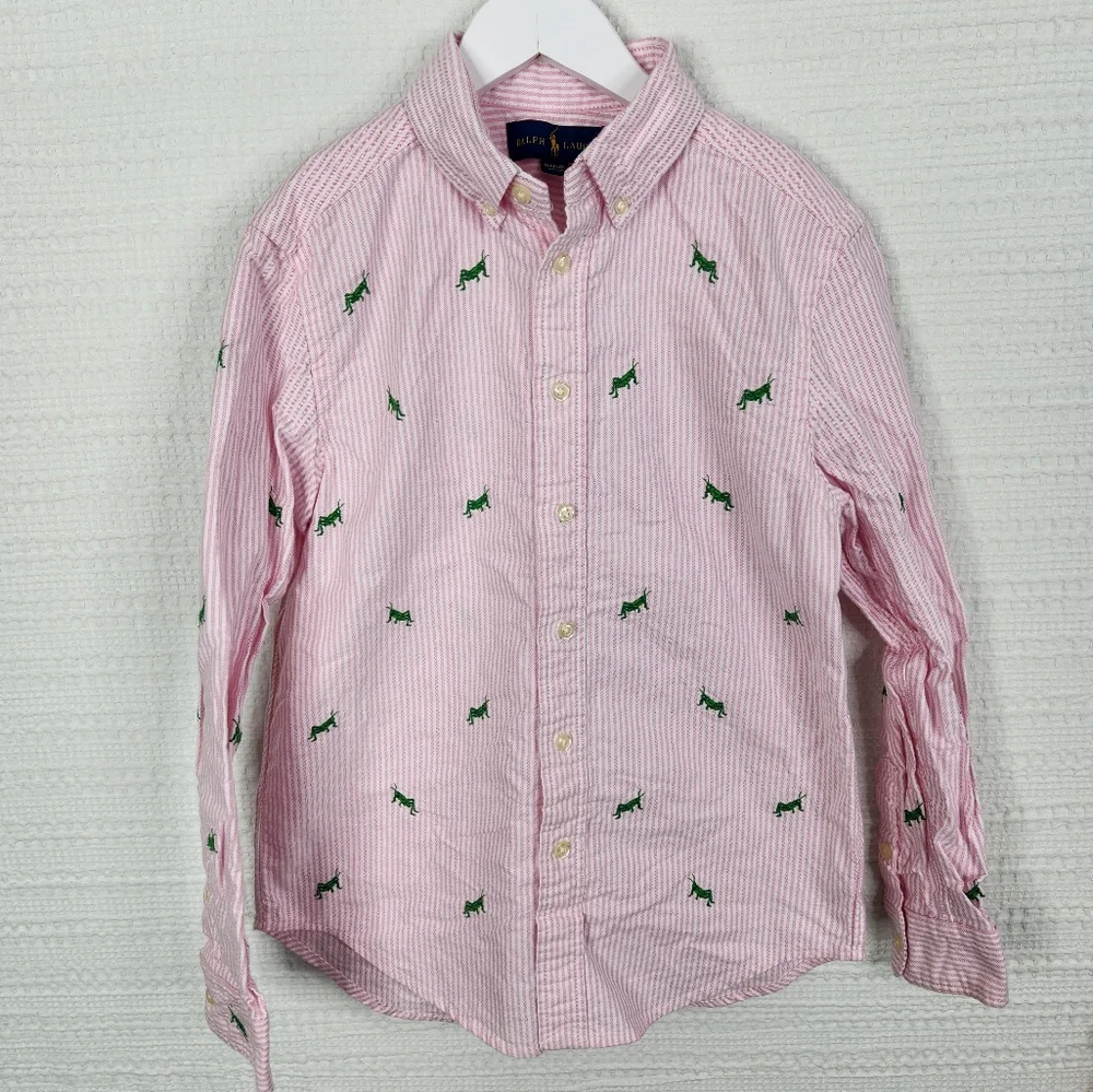 Ralph Lauren Pink Striped Shirt with Green Grasshopper Embroidery
